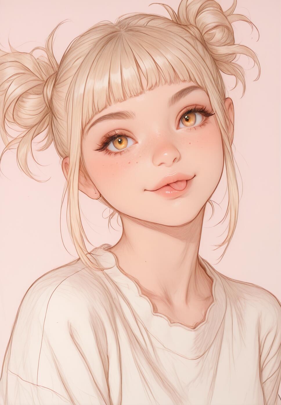 A head and shoulders portrait of the anime character Himiko Toga. She has blonde hair in two messy buns, large yellow eyes, and is sticking the tip of her tongue out playfully. The art style is a soft, colored sketch.