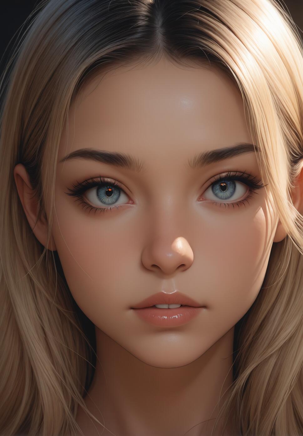 A close-up portrait of a young woman with fair skin, long blonde hair, and large, detailed blue eyes, looking directly forward with a neutral expression.