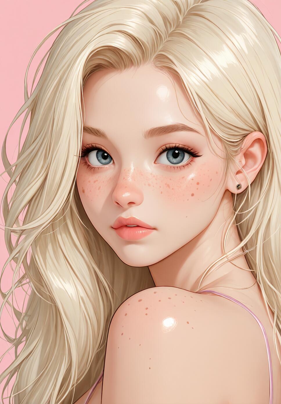 A close-up portrait of a young woman with long, wavy platinum blonde hair and fair skin. She has large, detailed blue eyes, a light blush, and freckles across her nose. She looks directly at the camera with a gentle expression against a pink background.
