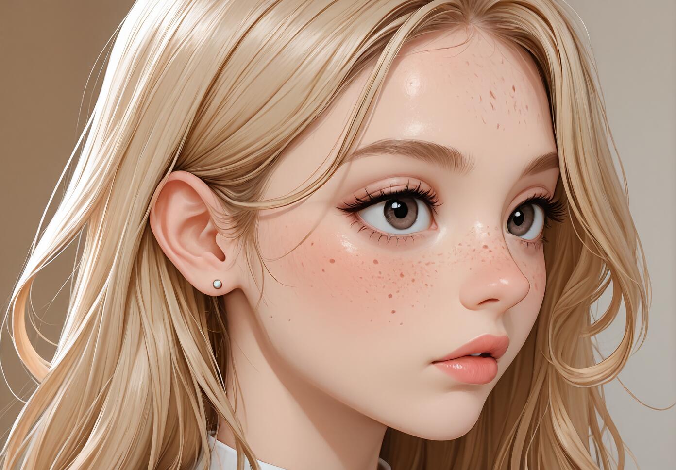 A close-up digital illustration of a young woman with long blonde hair, big brown eyes, and freckles across her nose and cheeks. She is looking slightly to her right with a pensive expression and is wearing a small stud earring.