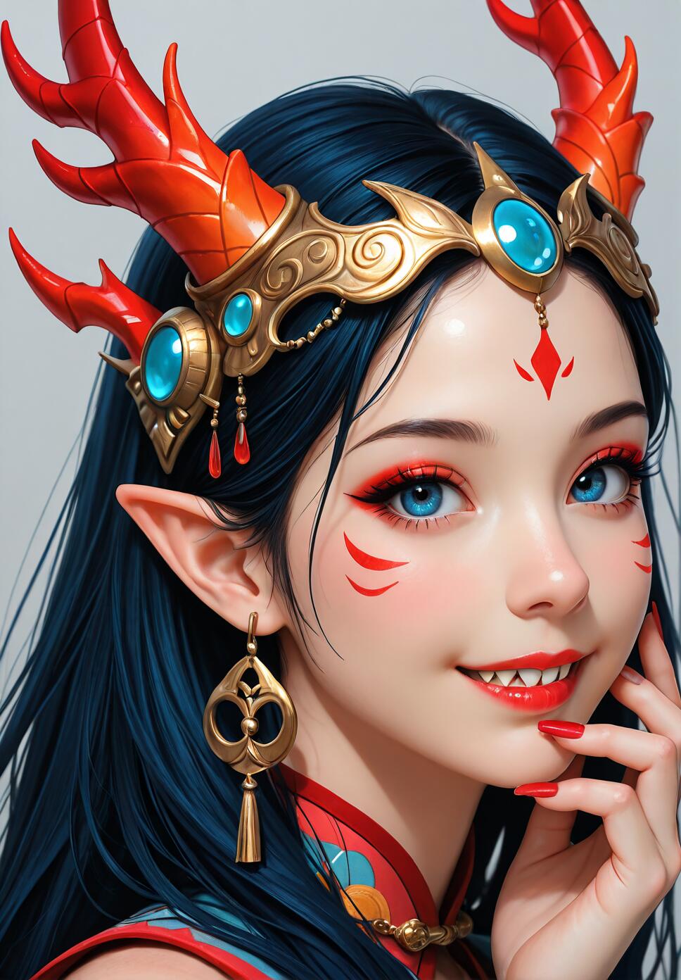 A close-up portrait of a fantasy elf with long dark blue hair, bright blue eyes, and pointy ears. She wears a golden tiara with red dragon horns, has red face paint, and is smiling while touching her chin.