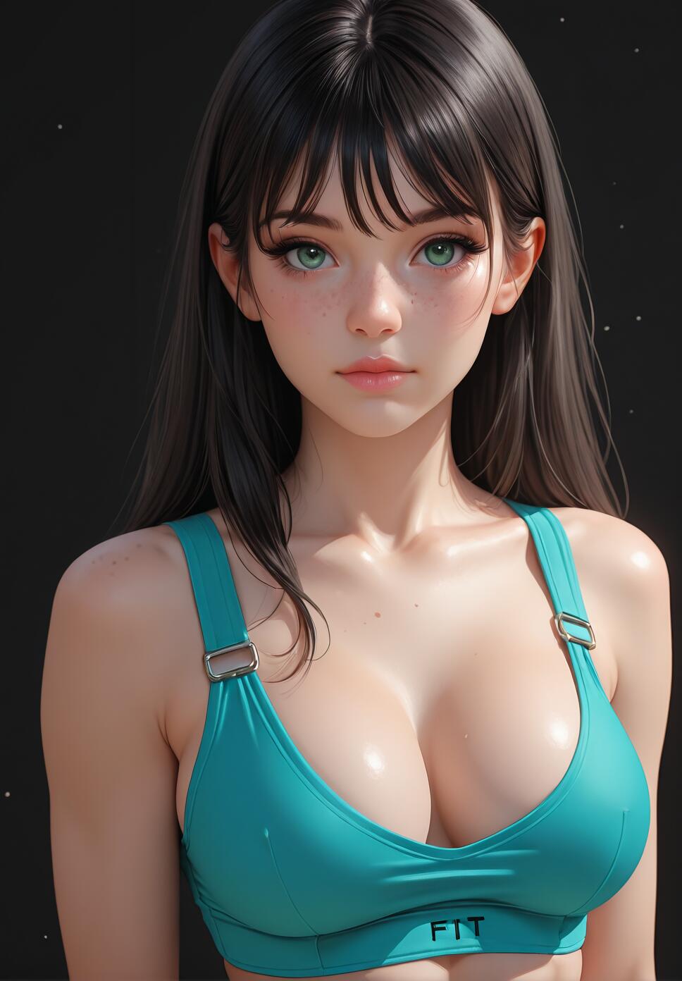 A digital portrait of a young woman with long black hair, bright green eyes, and freckles, wearing a teal sports bra and looking directly at the viewer against a dark background.