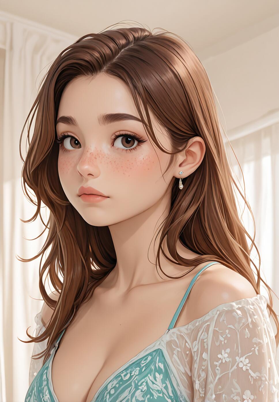 A digital illustration of a young woman with long brown hair, large brown eyes, and freckles. She is looking towards the viewer with a gentle expression, wearing a teal top with a sheer white lace covering, and a single pearl earring.