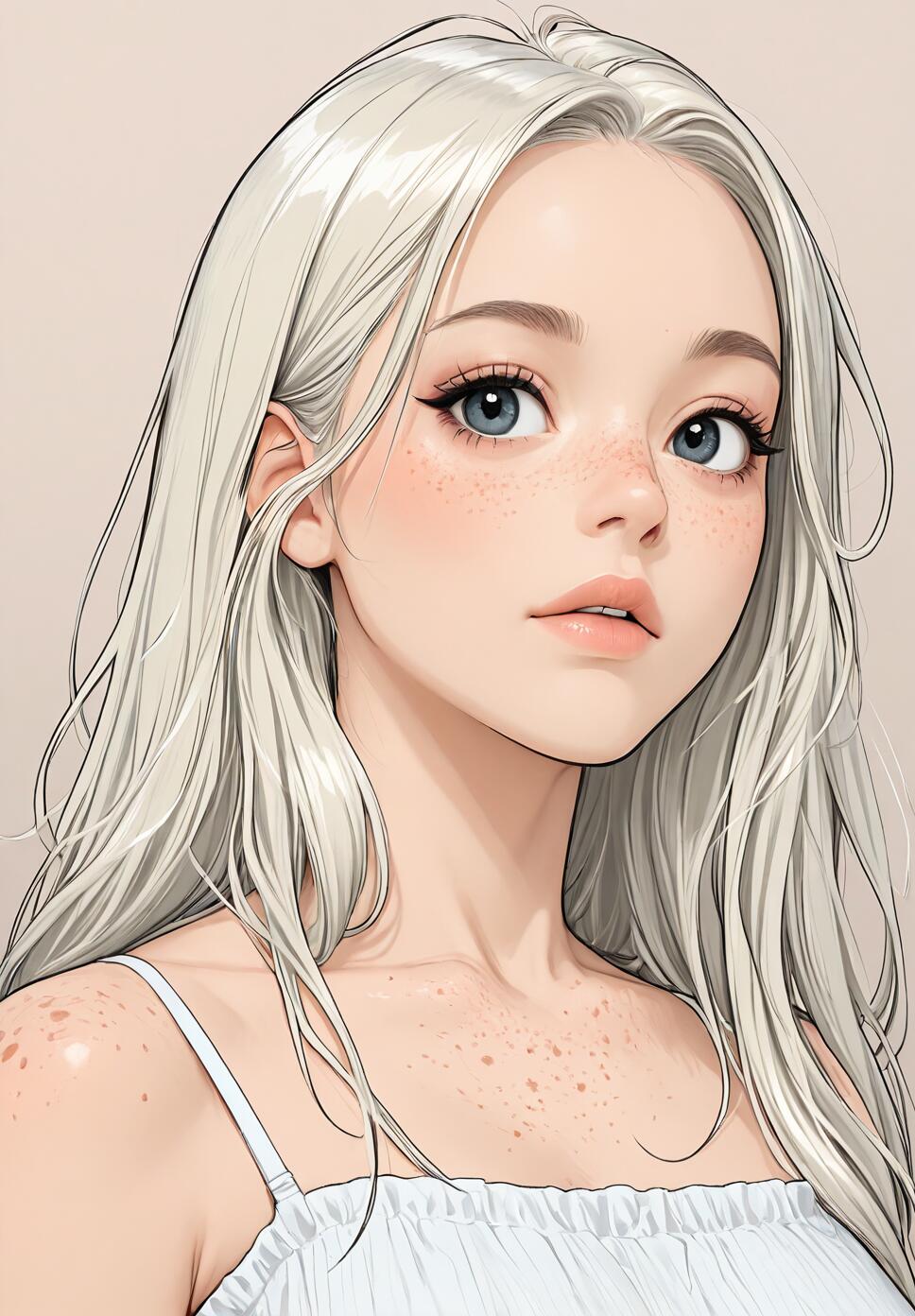 A close-up digital illustration of a young woman with long platinum blonde hair, big blue eyes, and freckles on her face and shoulders. She is looking slightly to the side with a gentle expression and is wearing a white top.