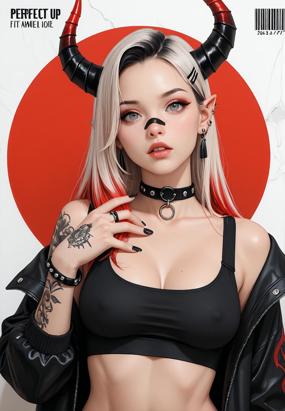 A digital illustration of a stylish young woman with platinum blonde and red hair, large black and red demon horns, and pointy ears. She has tattoos on her arm, wears a black crop top and leather jacket, and stands before a large red circle.