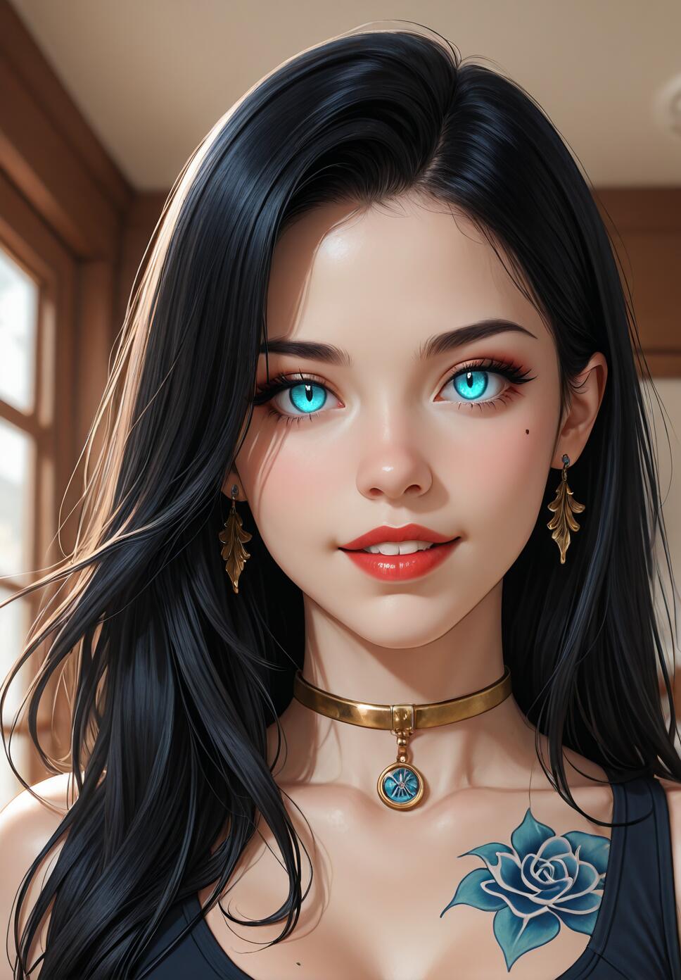 A close-up portrait of a young woman with long black hair, piercingly bright blue eyes, a gold choker, and a blue rose tattoo on her chest, looking directly into the camera.