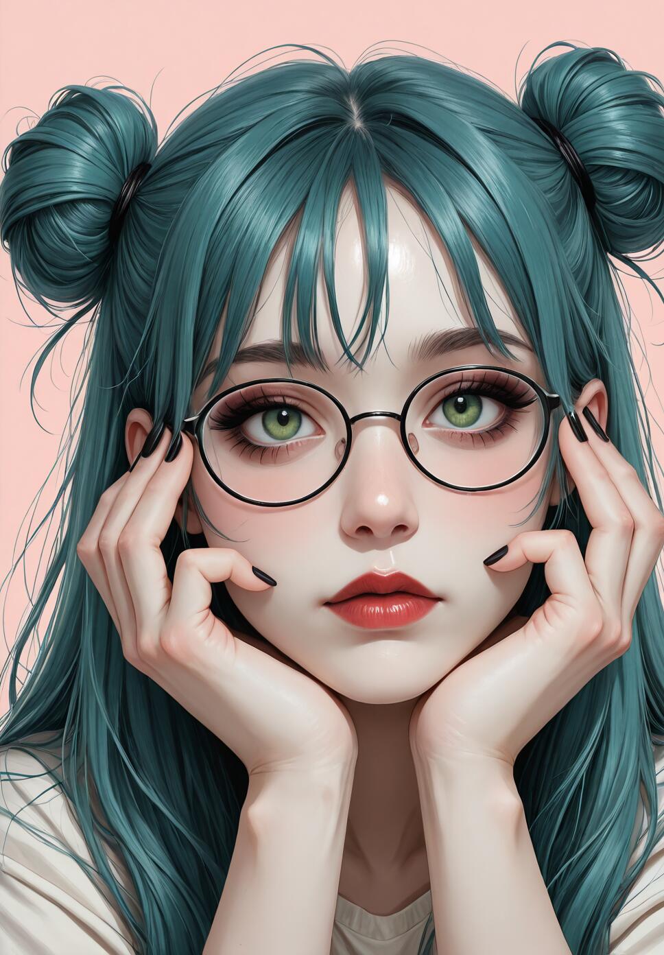 A digital portrait of a young woman with long teal hair in double buns and bangs. She is wearing round glasses, has green eyes and red lipstick, and is resting her face in her hands, which have black painted nails, against a soft pink background.