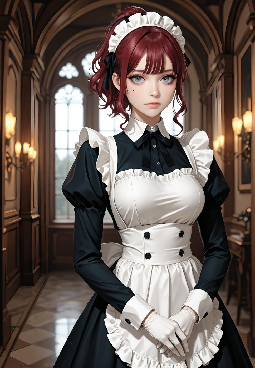 A high-quality digital illustration of an anime-style maid with short, wavy red hair and blue eyes, wearing a traditional black and white uniform with a frilly apron and gloves, standing in a luxurious, dark hallway.