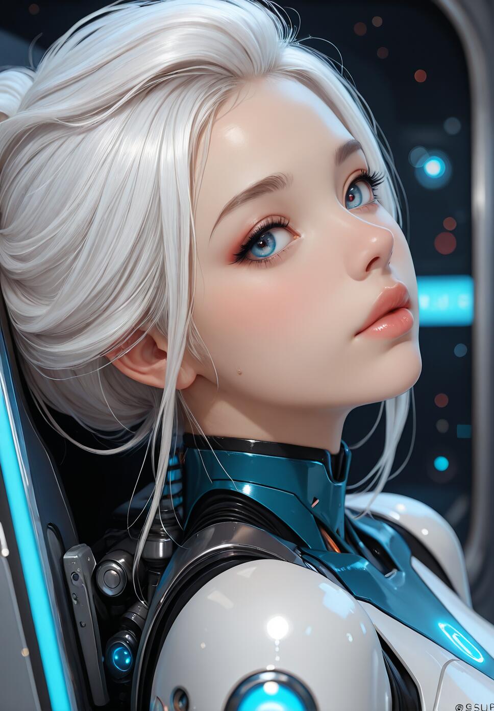 A close-up digital portrait of a beautiful young woman with long white hair and striking blue eyes. She is wearing a futuristic white and blue suit and looking up and to the side, with a space-like environment visible in the background.