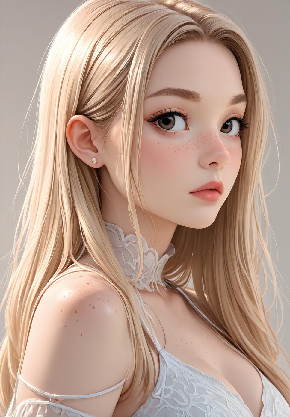 A digital illustration of a young woman with long blonde hair, big brown eyes, and freckles, wearing a white lace choker and top.