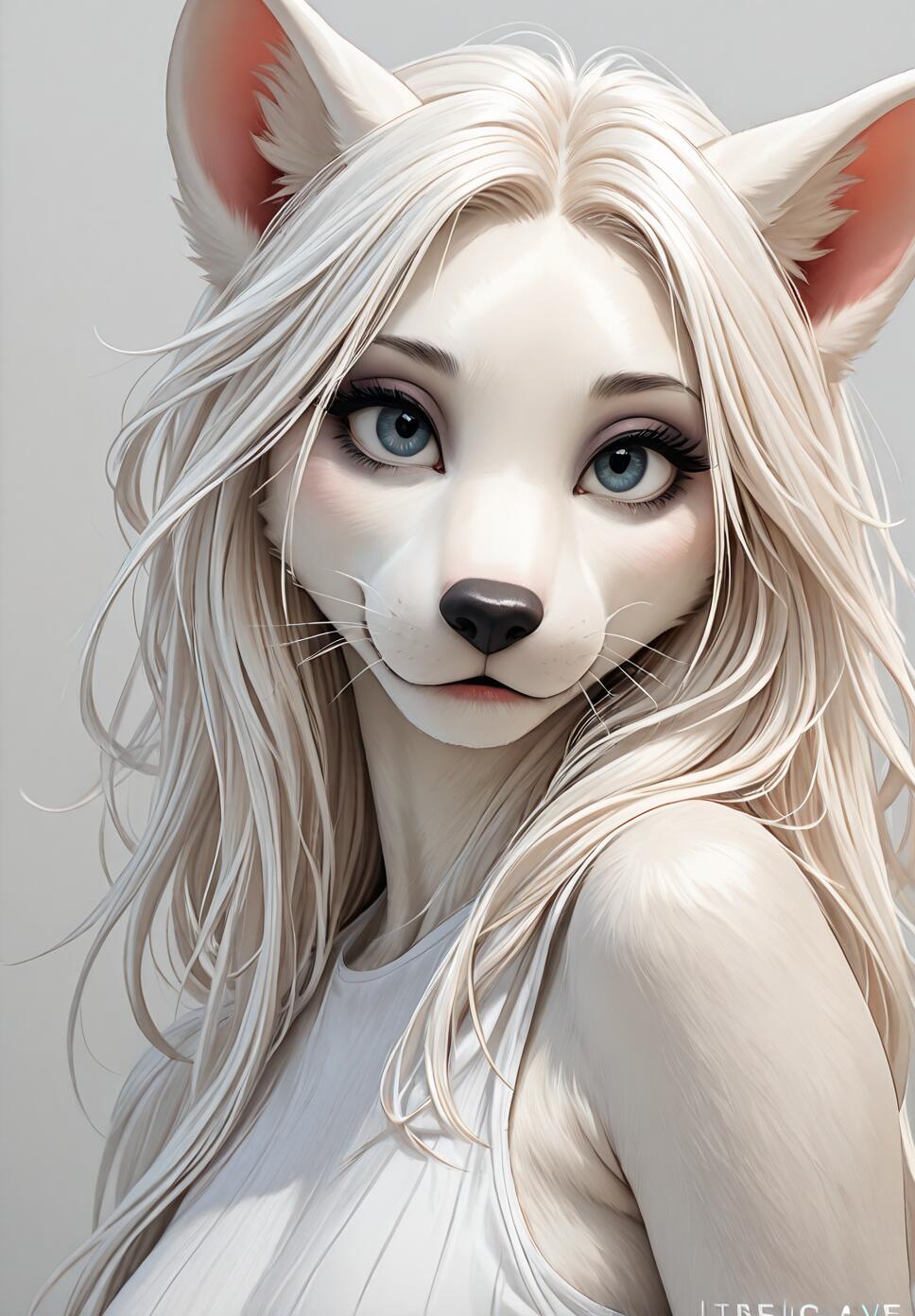 A head and shoulders portrait of a female anthropomorphic white fox with long white hair, large blue eyes, and a gentle expression, set against a plain light grey background.