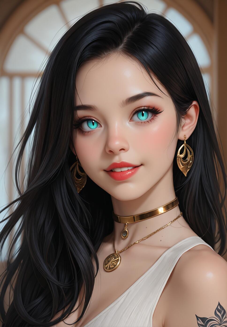 A digital portrait of a young woman with long black hair, striking bright aqua-blue eyes, and fair skin. She wears gold earrings and a gold choker necklace and looks directly at the camera.