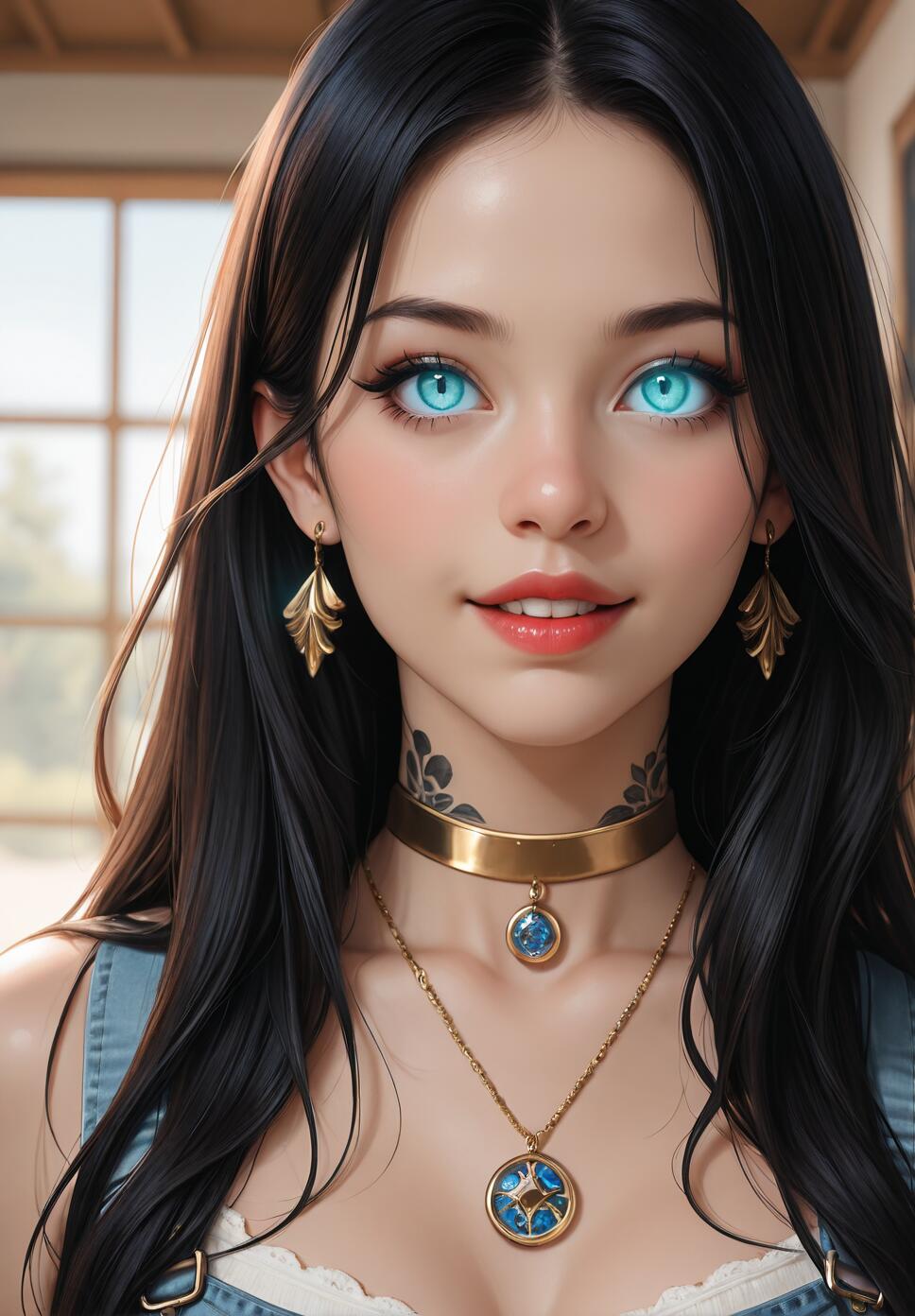 A digital portrait of a young woman with long black hair, large and very bright blue eyes, and a tattoo on her neck. She wears gold leaf earrings, a gold choker, and a matching gold necklace with blue pendants.