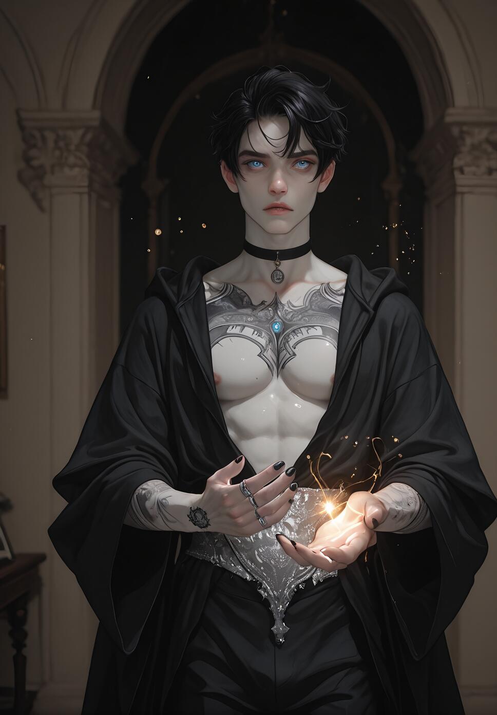 A young man with black hair, pale blue eyes, and intricate tattoos on his chest and arms stands in a dark hall. He wears an open black robe and holds a glowing ball of light in his hands.