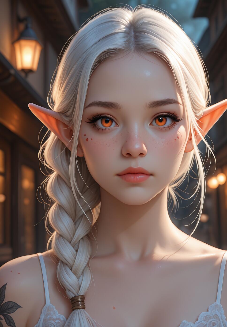 A close-up portrait of a young female elf with long, braided white hair, pointed ears, and captivating orange eyes. She has fair skin with light freckles and is looking directly at the viewer with a neutral expression.