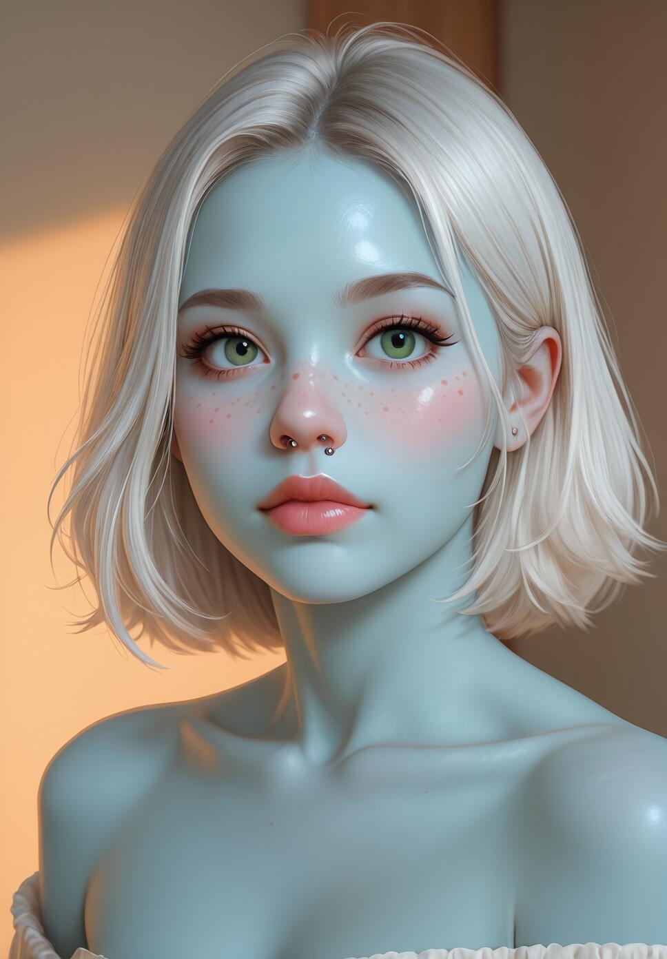 A close-up digital portrait of a beautiful young woman with pale blue skin, short white hair, and bright green eyes. She has pink blush, freckles, and a septum piercing, looking directly at the viewer with a calm expression.