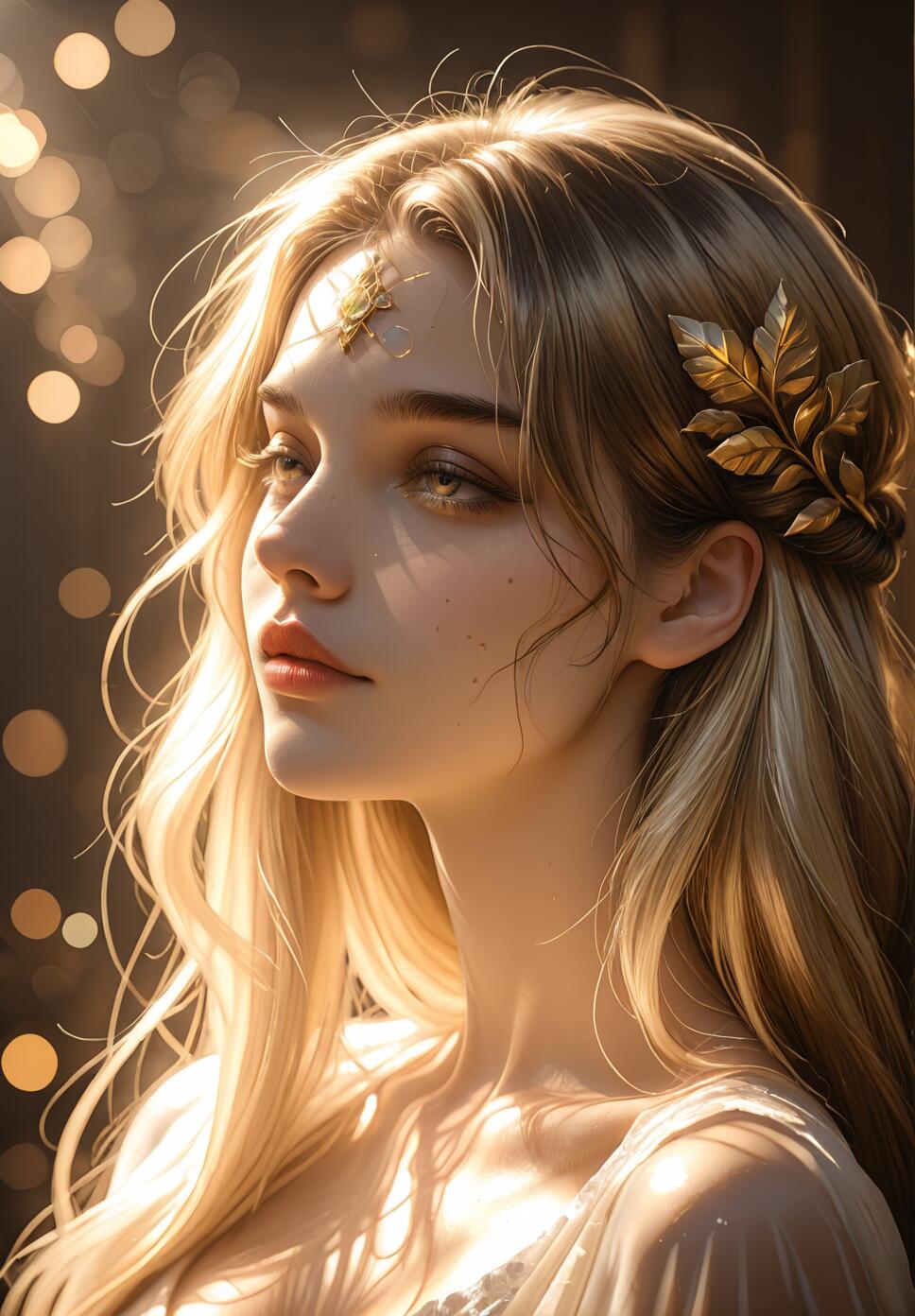 A profile portrait of a beautiful young woman with long blonde hair, looking up and to the side. She wears a golden leaf hair clip and a small gold jewel on her forehead, against a background of warm bokeh lights.