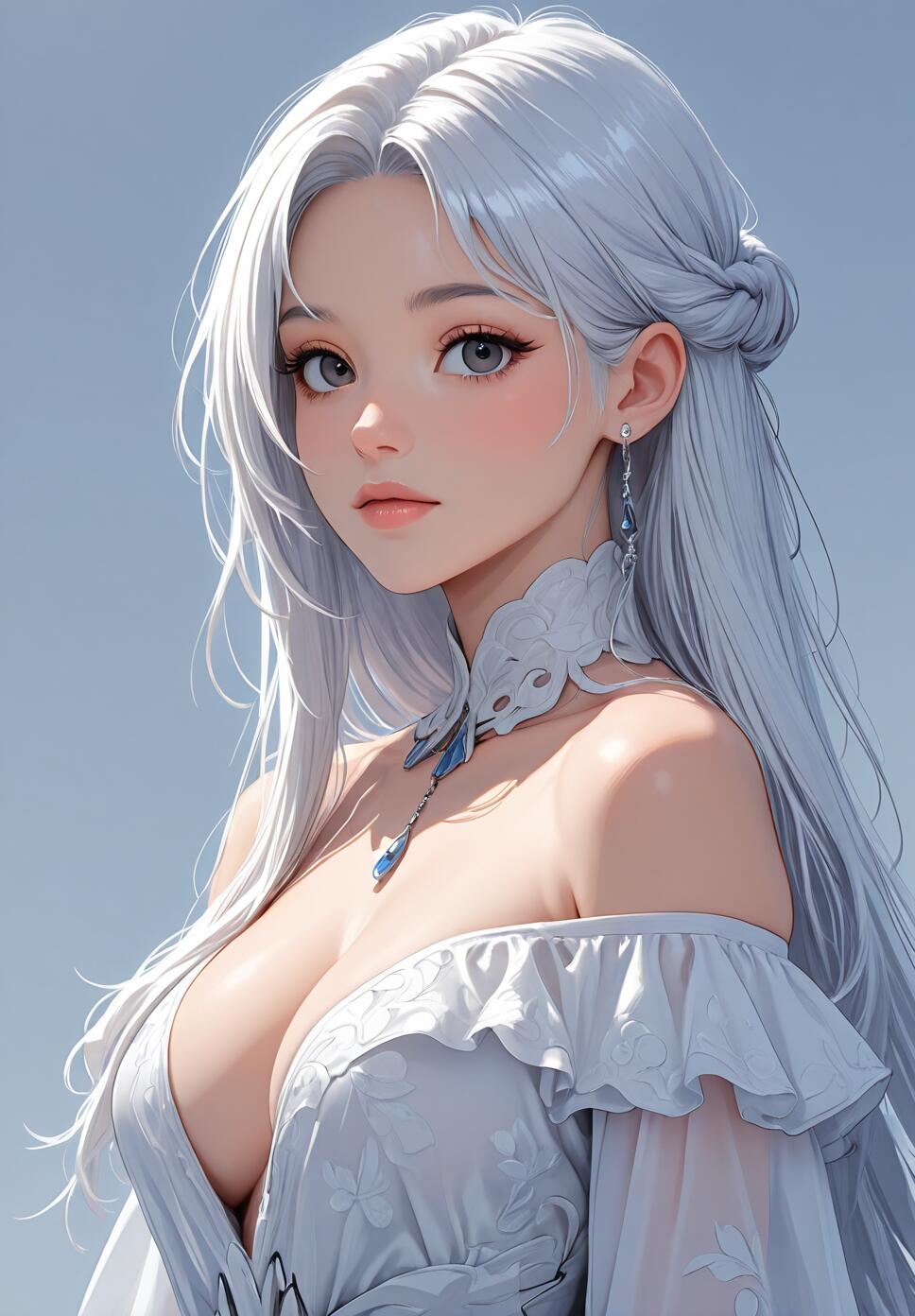 A close-up portrait of an anime-style woman with long silver hair, grey eyes, and fair skin. She wears a white off-the-shoulder dress, a white choker with a blue gem, and a matching earring, against a plain light blue background.