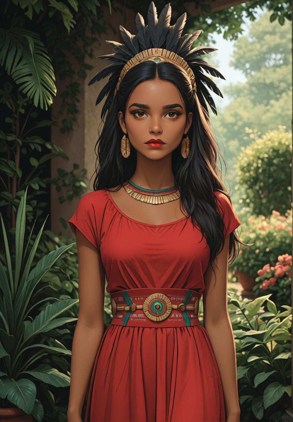 A half-body portrait of a beautiful young woman representing the Aztec goddess Xochiquetzal. She has dark skin, long black hair, and wears a red dress, a feathered headdress, and gold jewelry, standing in a green garden.