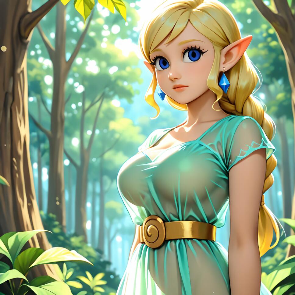 An illustration of Princess Zelda with long blonde hair in a braid, wearing a sheer aqua dress and blue earrings, standing in a lush green forest.