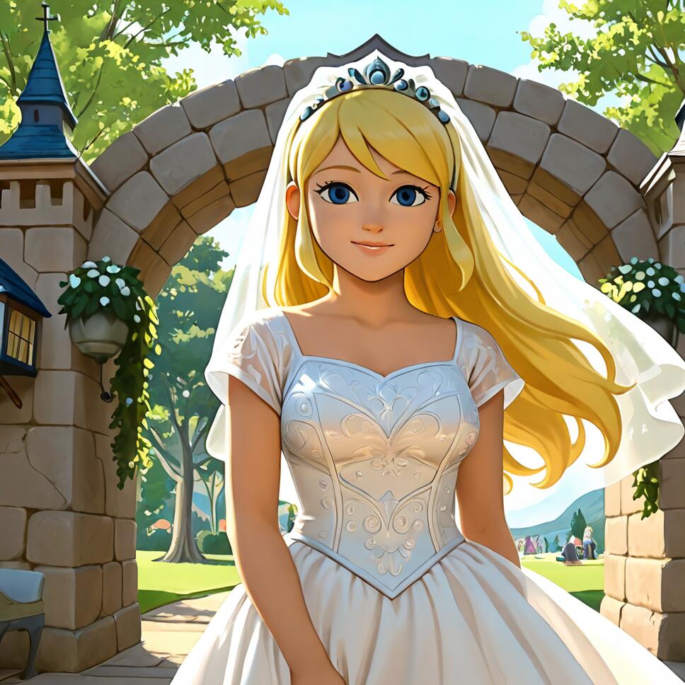 An anime-style illustration of a young blonde princess with blue eyes, wearing a tiara and a white wedding dress, standing in front of a stone archway in a sunny garden.