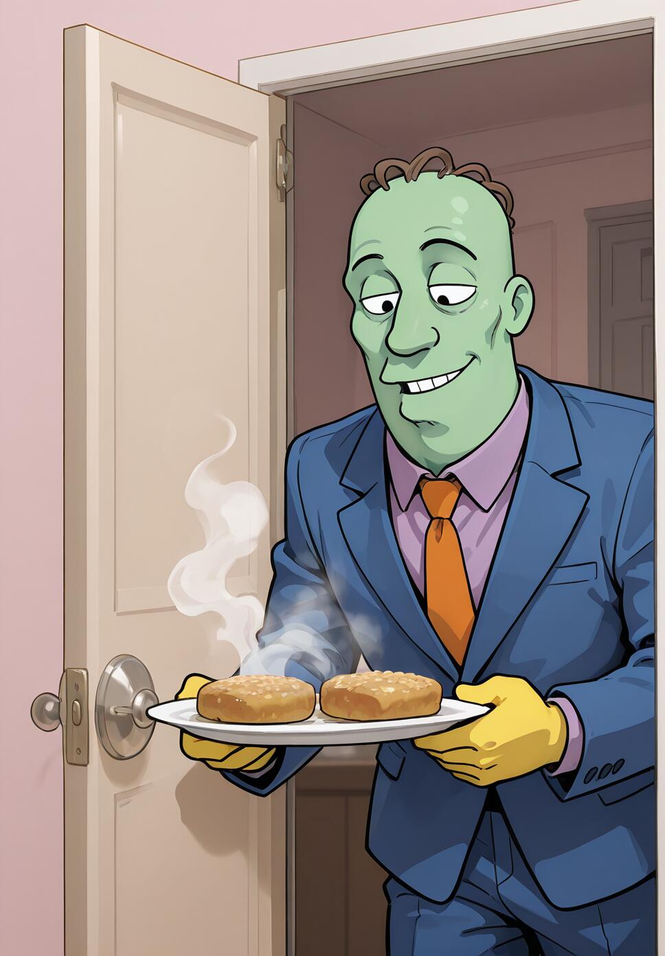 A green-skinned cartoon man in a blue suit, representing Principal Skinner from The Simpsons, smiles slyly as he holds out a plate of two steaming hamburgers in a doorway, recreating the 'Steamed Hams' meme.