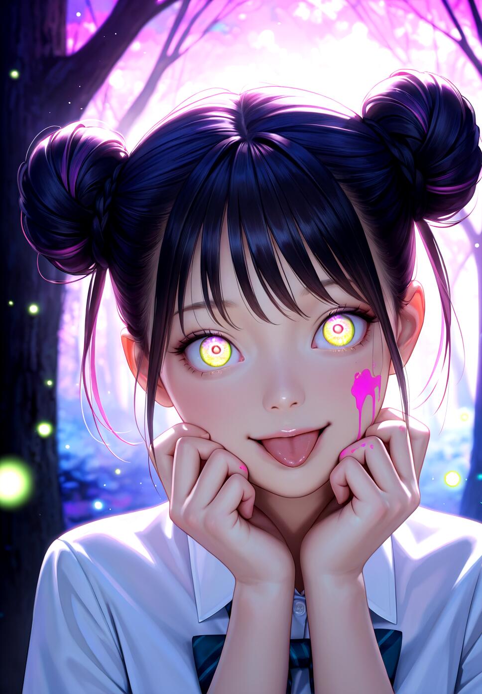 A close-up digital illustration of an anime-style girl with black hair in double buns and glowing yellow eyes. She has a playful yet unhinged expression, sticking her tongue out with a splash of pink paint on her cheek, set in a magical forest with purple and pink lighting.