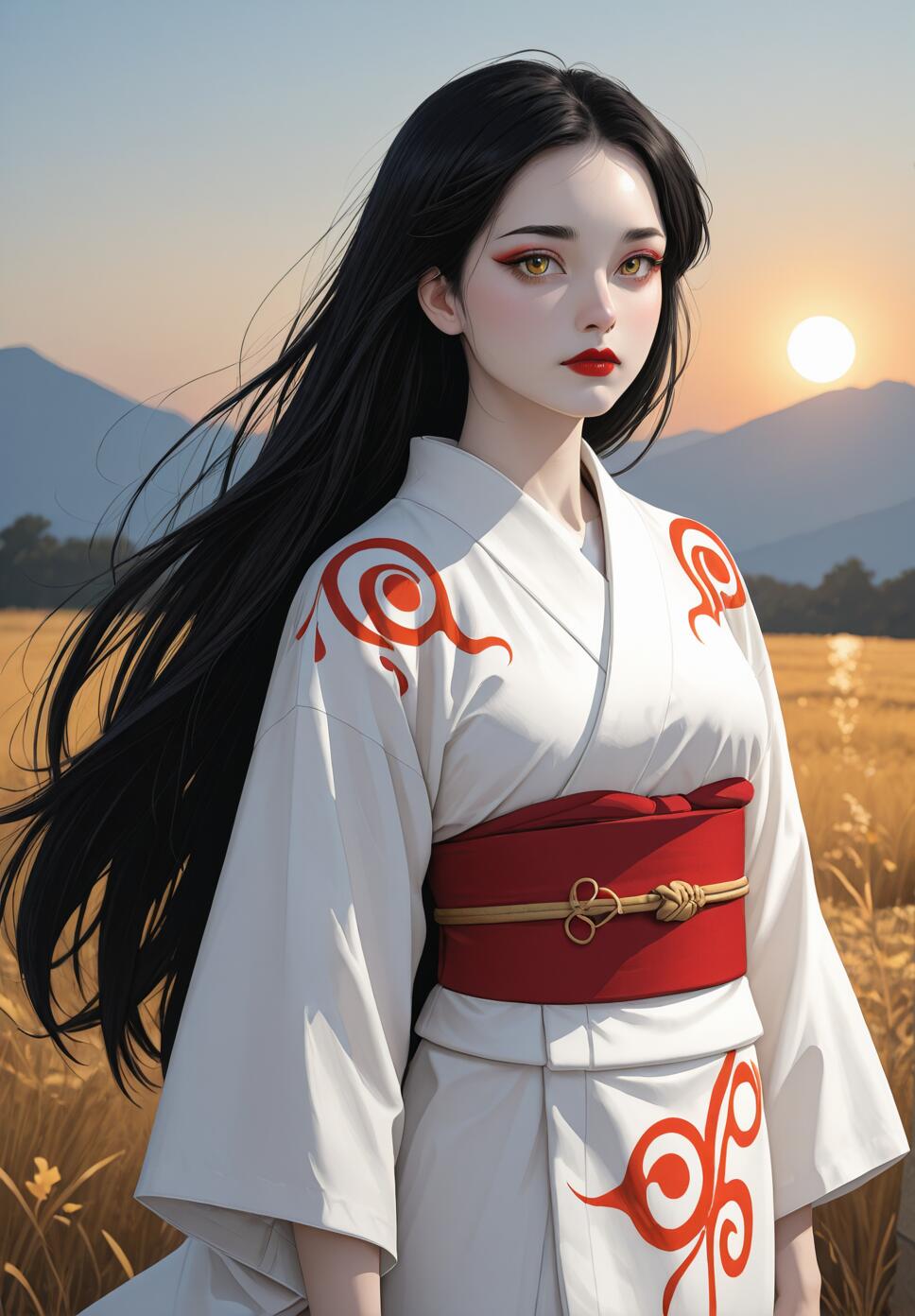 A digital illustration of the Japanese sun goddess Amaterasu with long black hair and golden eyes. She is wearing a traditional white kimono with red patterns and a red obi, standing in a golden field at sunrise.