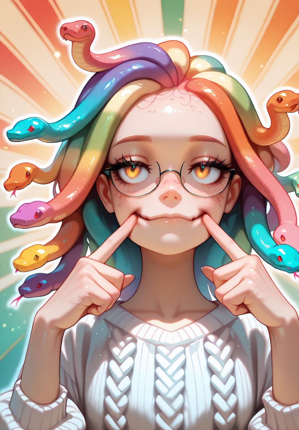 A cute anime-style girl with rainbow-colored snakes for hair and golden eyes, wearing glasses and a white sweater, making a forced smile with her fingers.