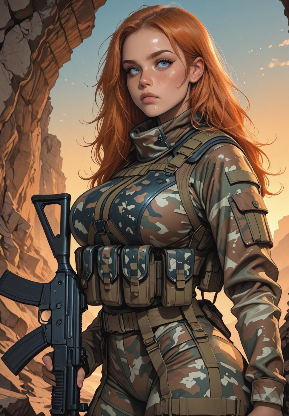 A digital art piece of a young female soldier with red hair and blue eyes, wearing camouflage armor and holding a rifle in a desert canyon at sunset.