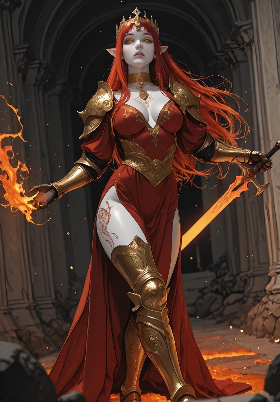 A full-body digital illustration of a female elf queen with long red hair and pale skin, wearing a red dress and gold armor. She stands in a dark hall, holding a flaming sword in one hand and a ball of fire in the other.