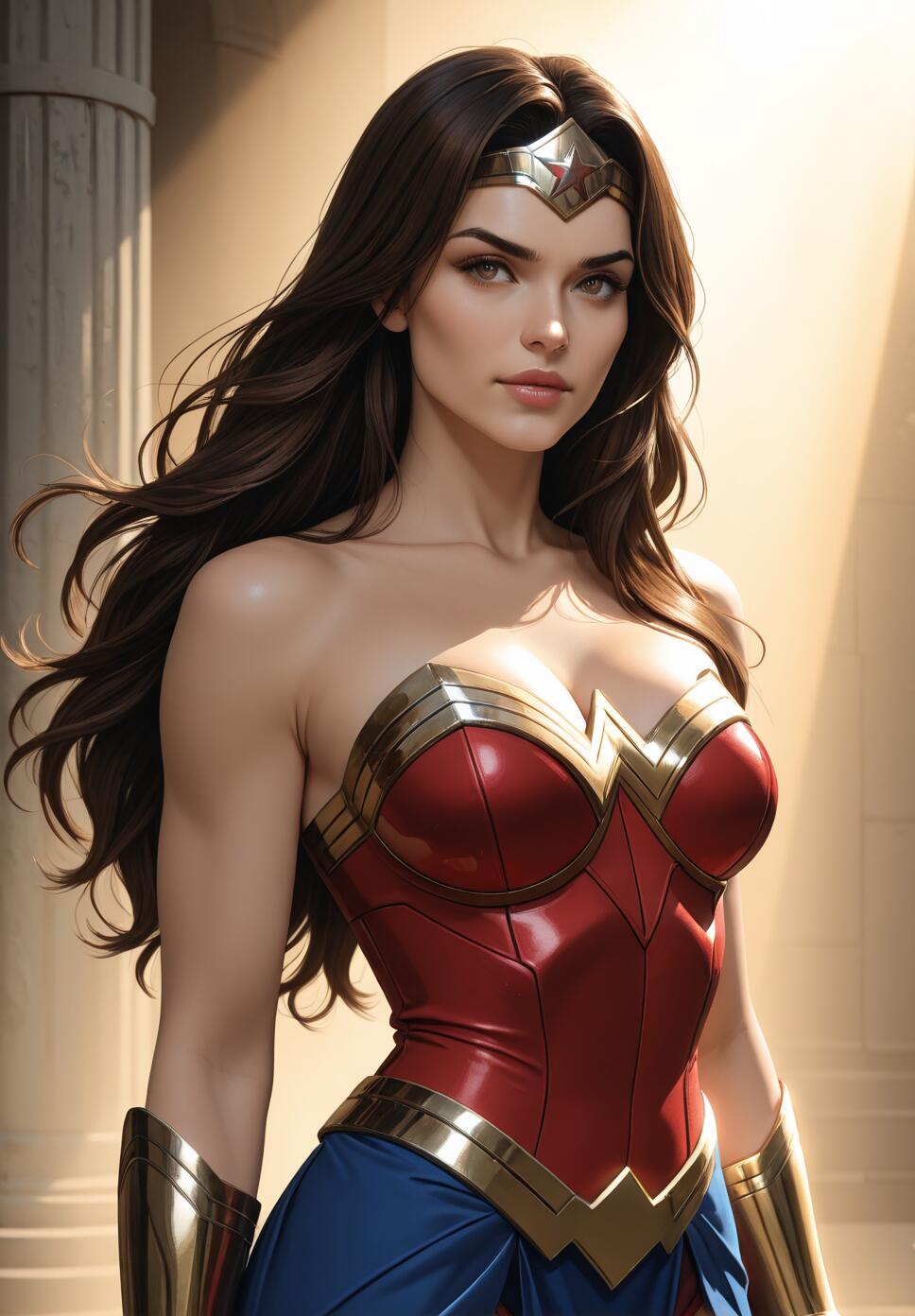 A semi-realistic digital illustration of Wonder Woman, a beautiful woman with long dark hair, wearing her iconic red, blue, and gold costume, posing in front of a classical column.