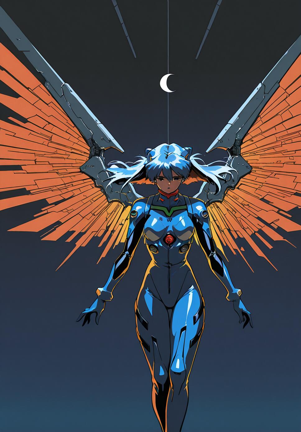 Full-body illustration of Rei Ayanami from Neon Genesis Evangelion in her blue plugsuit, with large, mechanical orange and grey wings, standing under a crescent moon in a dark sky.