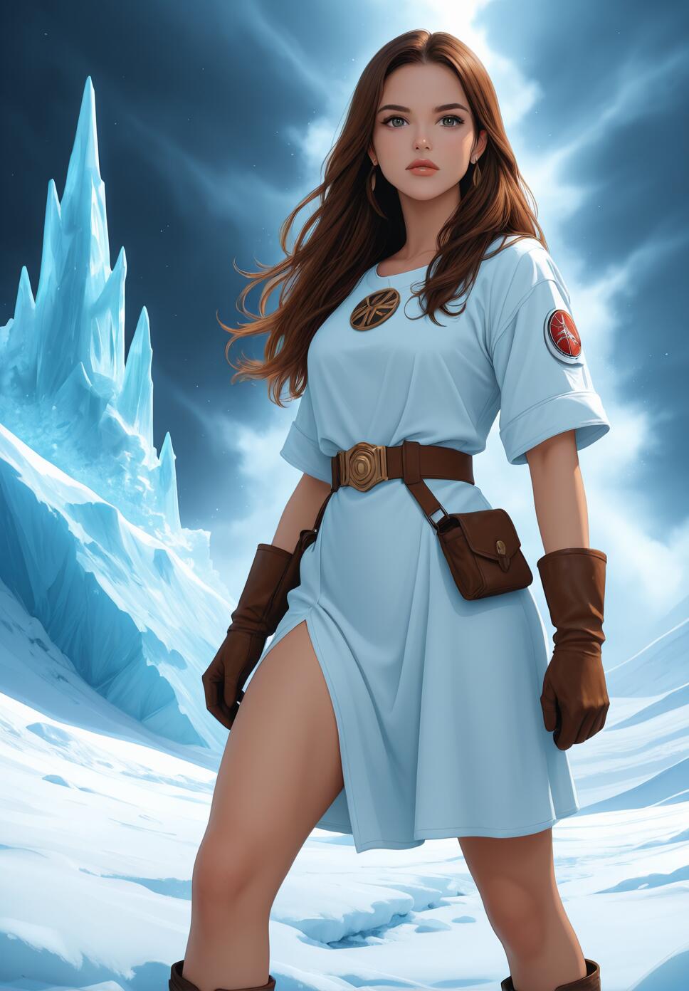 A full-body illustration of a young woman with long brown hair, wearing a light blue tunic, brown gloves, and a belt, standing in a snowy, arctic landscape with large ice formations in the background.