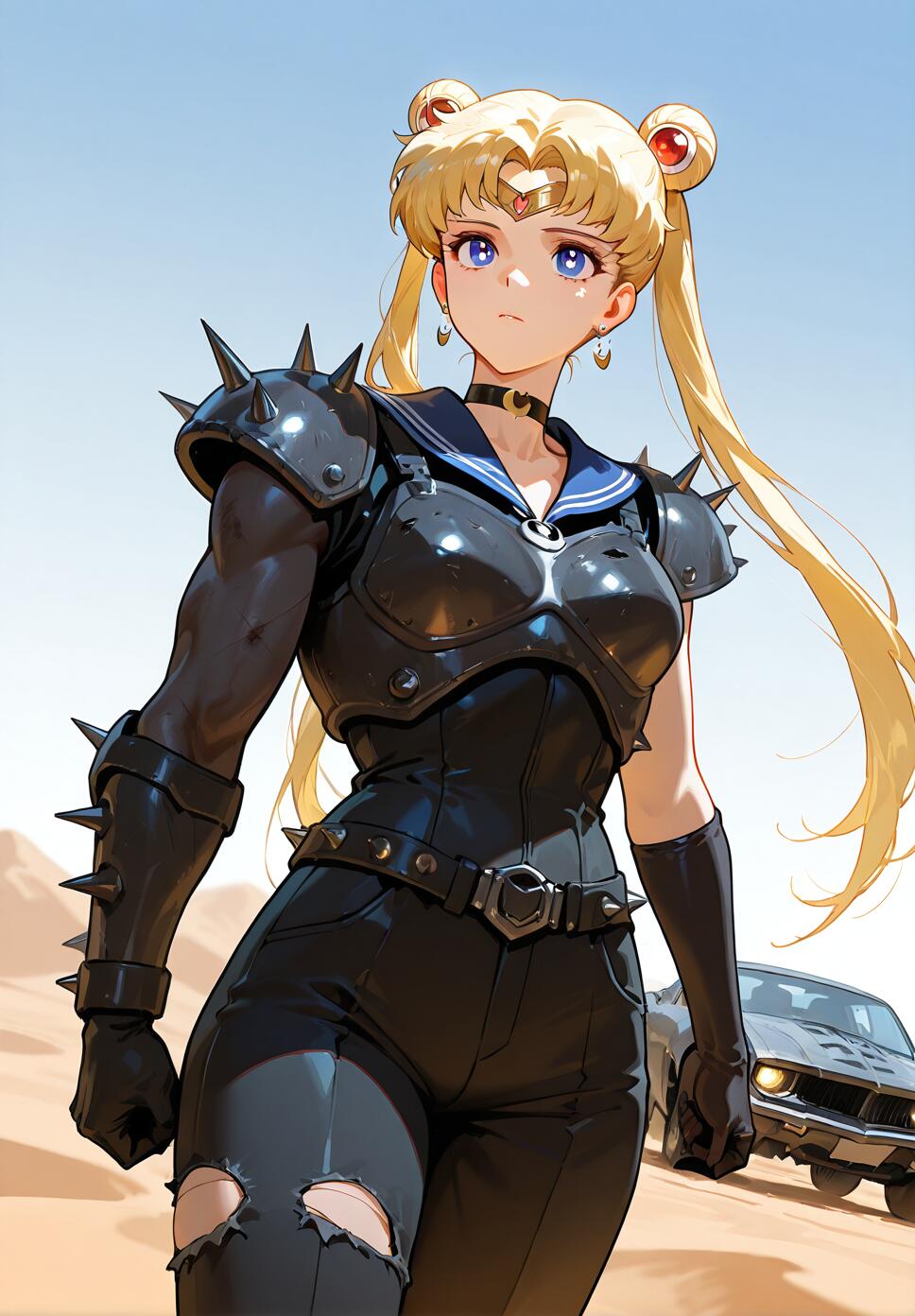 An illustration of Sailor Moon as a post-apocalyptic warrior, wearing spiky black leather armor and a sailor collar, standing in a desert with a black muscle car in the background.