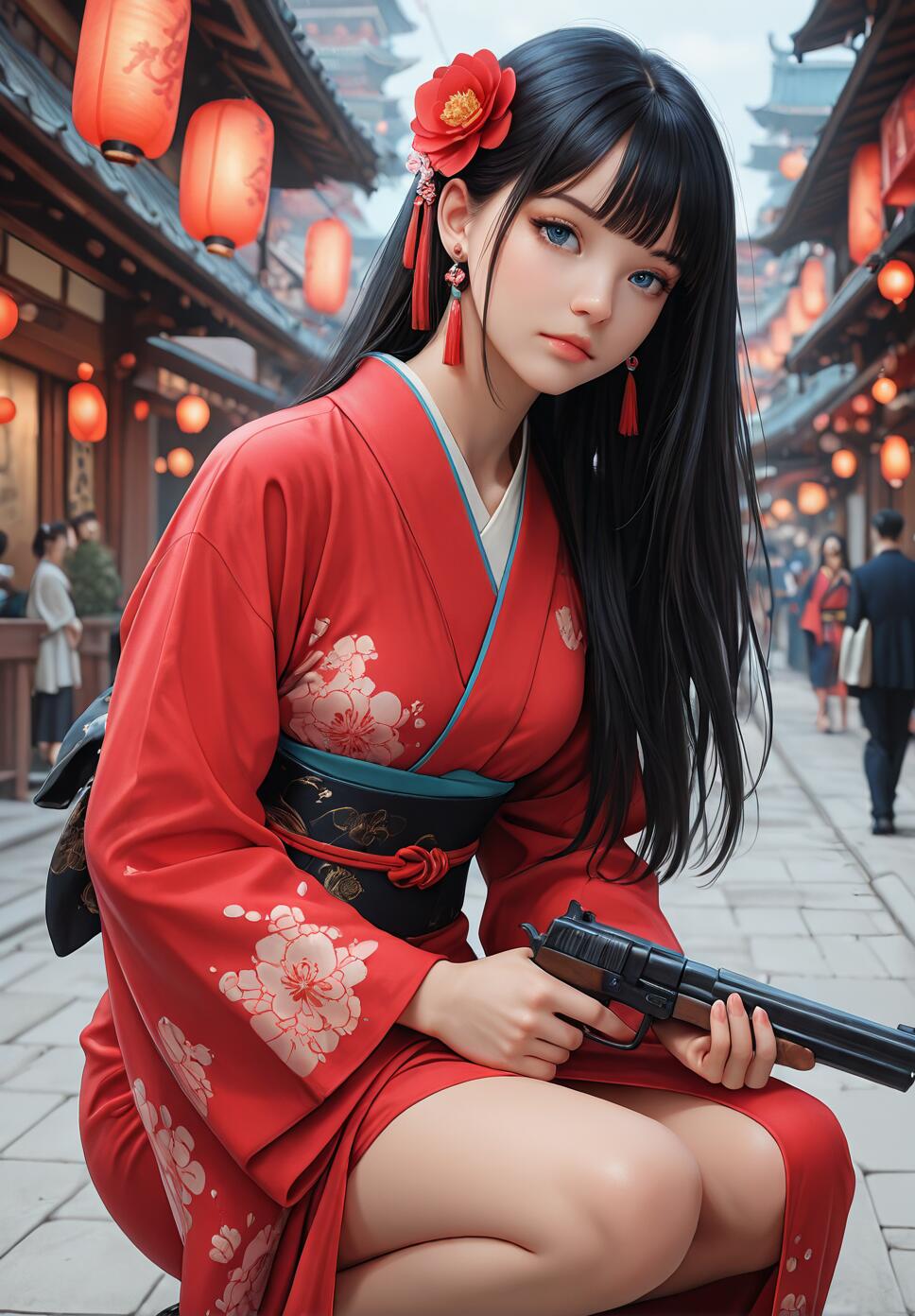 A beautiful young woman with long black hair and blue eyes, wearing a red floral kimono and a flower in her hair, squats on a traditional Japanese street while holding a black handgun.