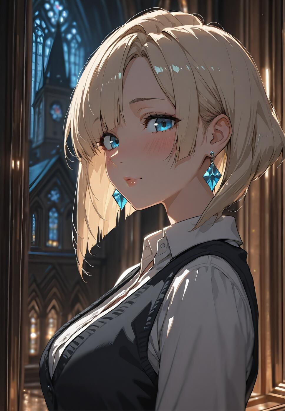 An anime-style illustration of a young woman with a blonde bob cut and bright blue eyes, wearing a white shirt, black vest, and blue diamond earrings, standing in a dimly lit gothic church at night.