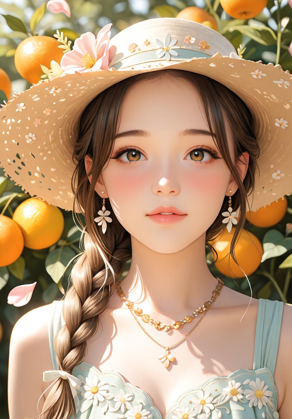 A digital portrait of a young woman with brown braided hair and a floral straw hat, standing in an orange grove. She has large brown eyes, flower earrings, and is looking at the camera with a gentle expression.