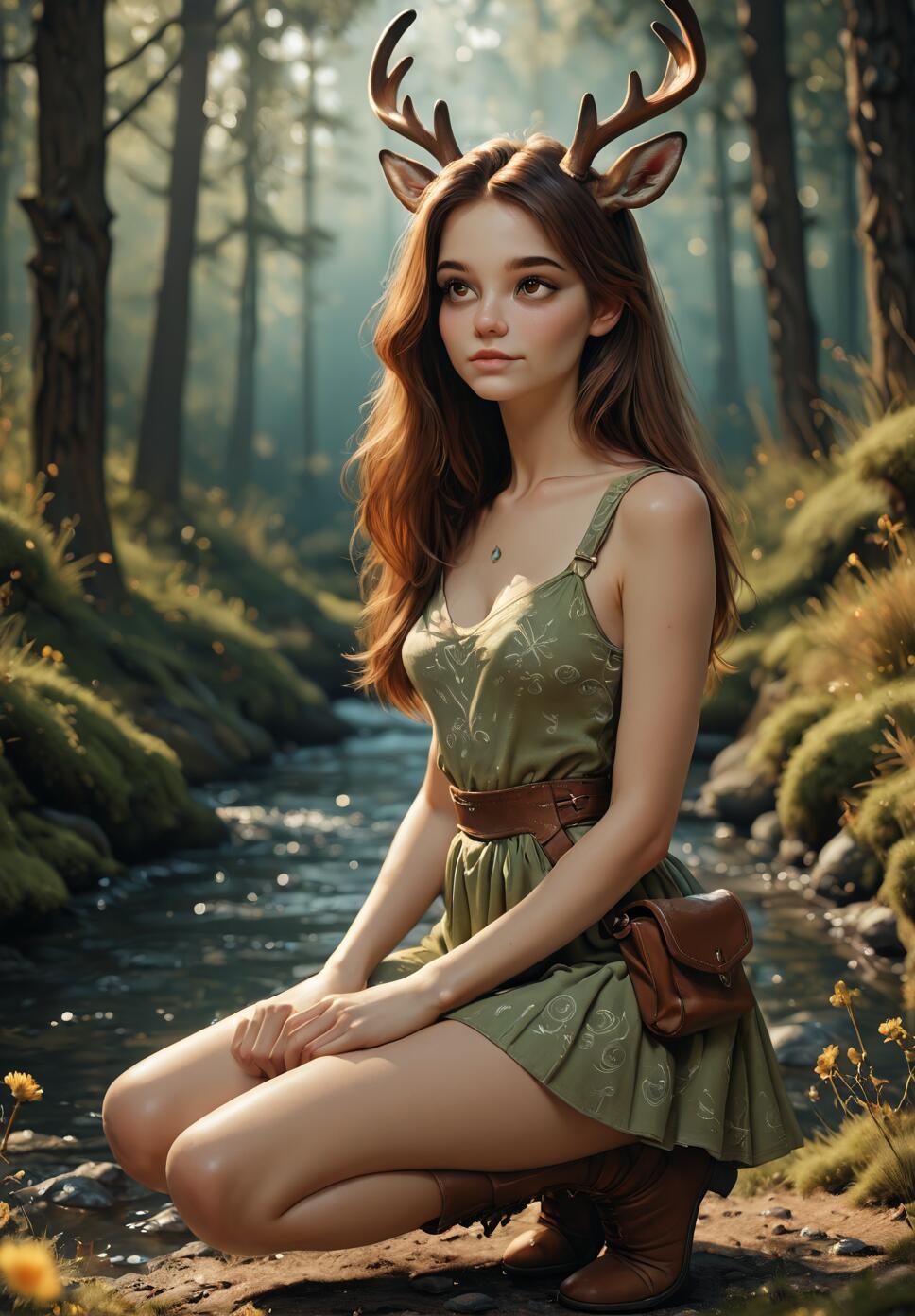 A young woman with brown hair and deer antlers crouches by a stream in a lush forest. She wears a green dress, a brown belt with a pouch, and boots, looking off to the side with a serene expression.