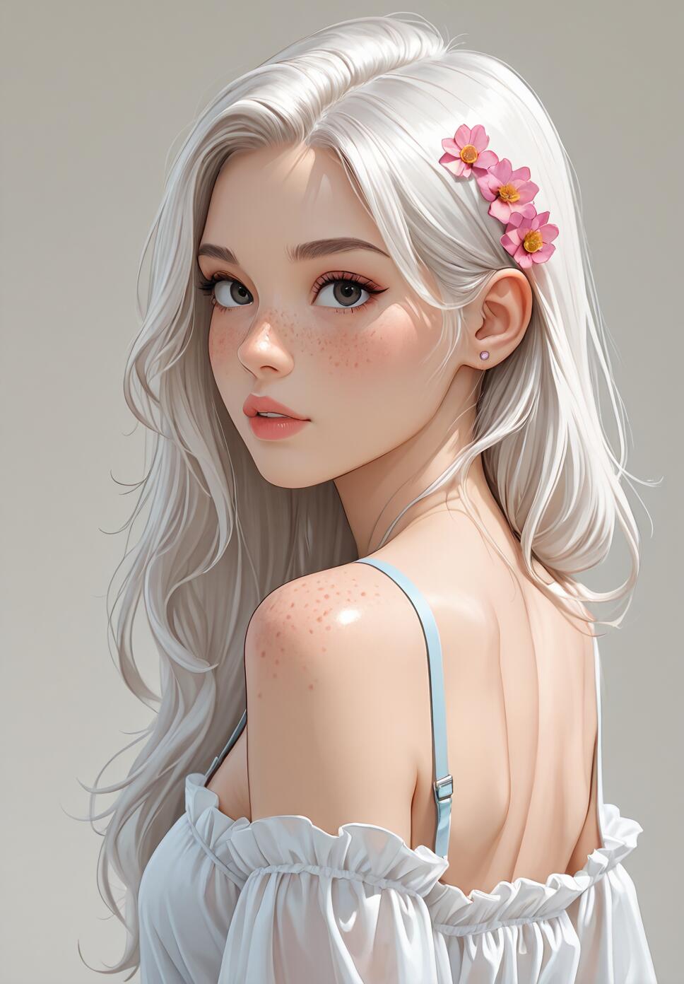 A digital illustration of a young woman with long white hair looking over her shoulder. She has freckles, large eyes, and three pink flowers tucked behind her ear. She wears a white ruffled top with blue straps.