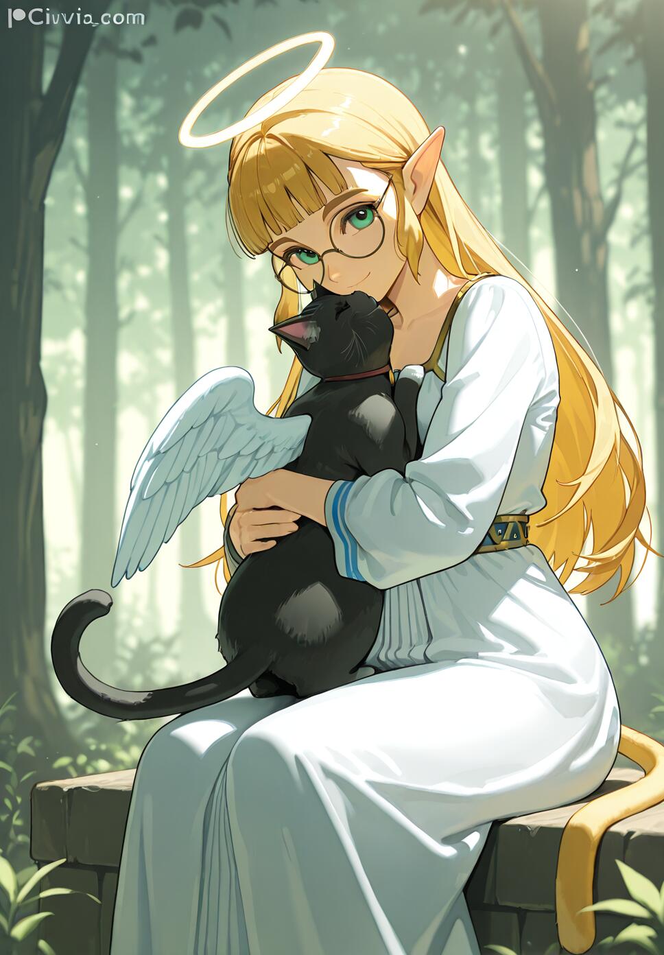 An anime-style illustration of Princess Zelda as an angelic elf girl with blonde hair, glasses, and a halo, sitting in a forest and lovingly hugging a black cat with small white wings.