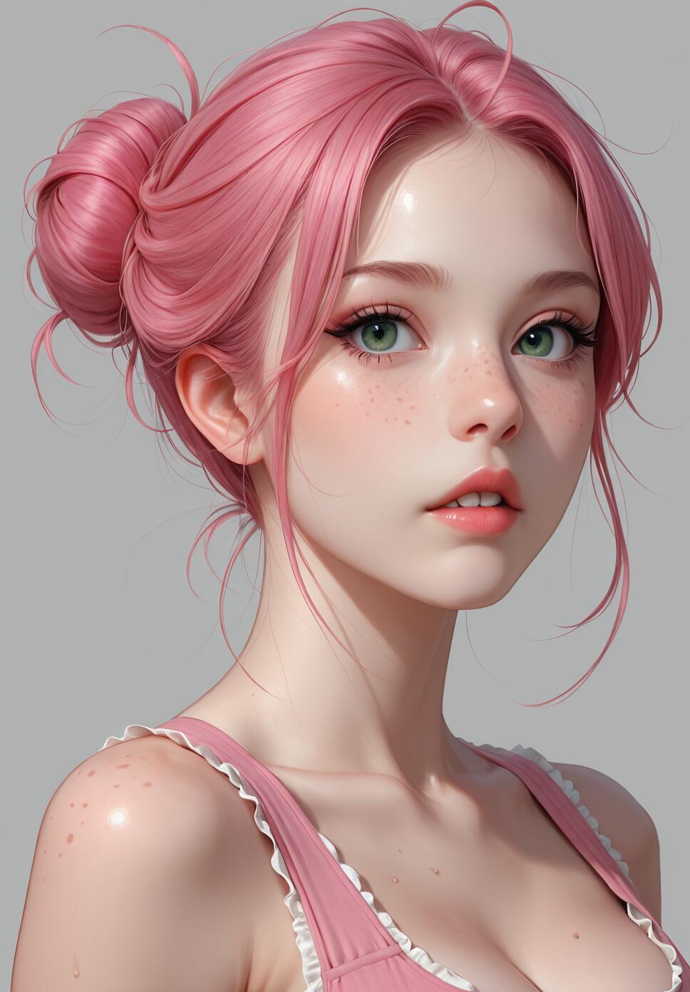 A hyper-realistic portrait of a young woman with bright pink hair in a bun, large green eyes, and freckles on her face and shoulders. She is wearing a pink top with white frills and looking directly at the camera with a calm expression against a grey background.