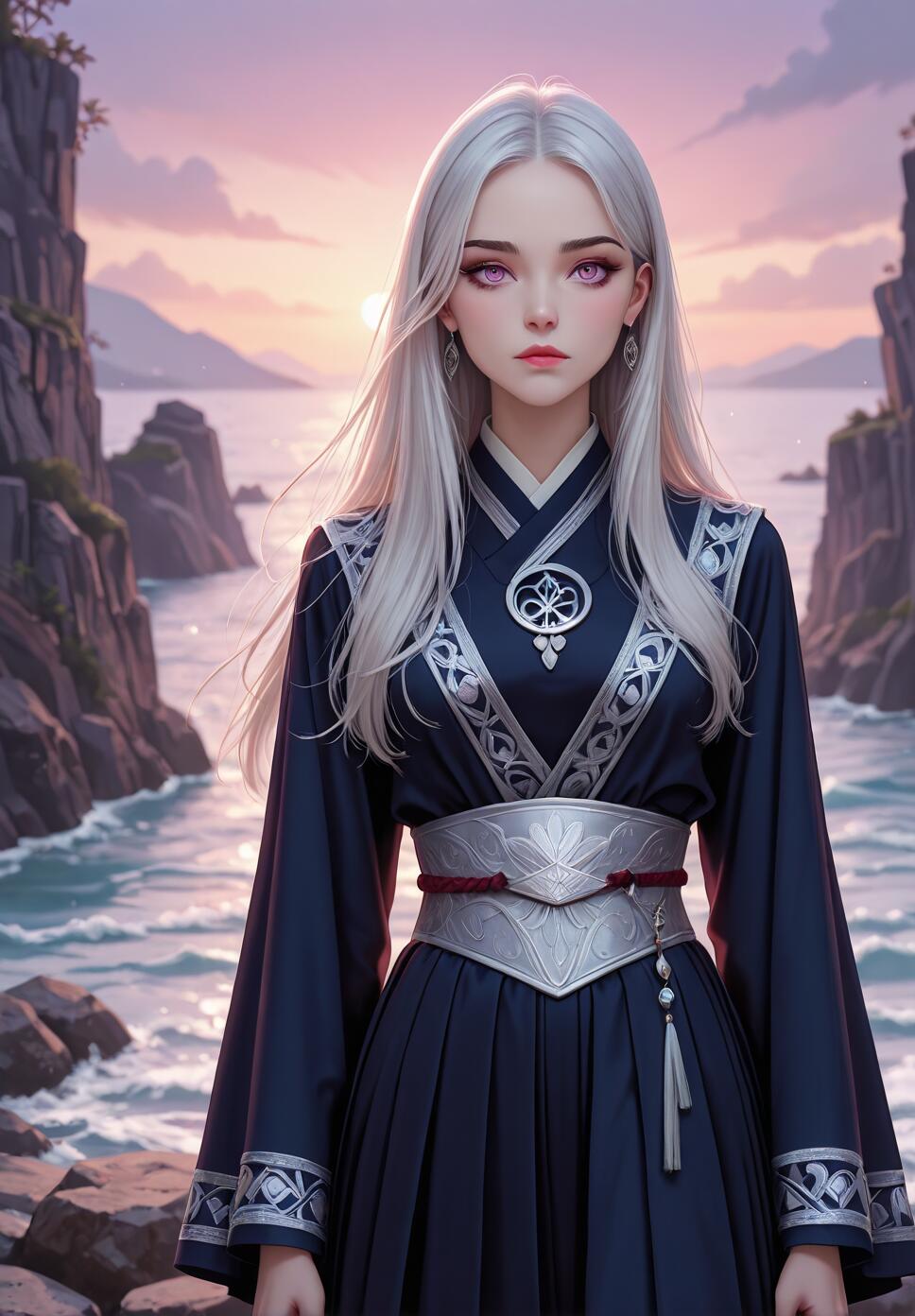 A half-body illustration of a young woman with long silver-white hair and pink eyes. She wears a dark blue and silver fantasy robe and stands on a rocky coast with cliffs and the ocean behind her during a colorful sunset.
