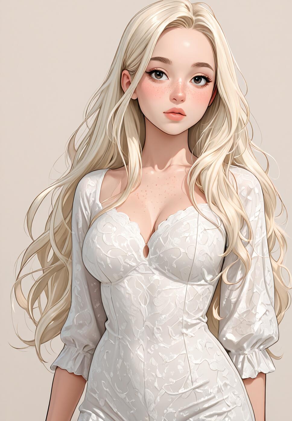 An illustration of a beautiful young woman with long wavy platinum blonde hair, brown eyes, and freckles, wearing a form-fitting white lace outfit against a plain background.