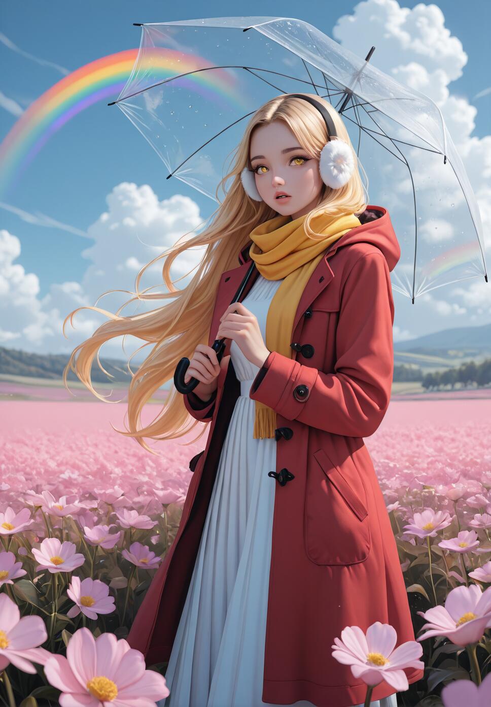 An anime-style illustration of a blonde girl in a red coat and yellow scarf, holding a clear umbrella in a field of pink flowers under a blue sky with a rainbow.