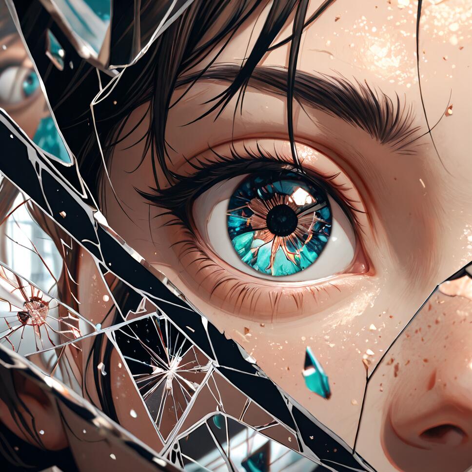 A close-up illustration in an anime style of a person's eye with a detailed turquoise and copper floral iris, viewed through the sharp cracks of a shattered mirror.