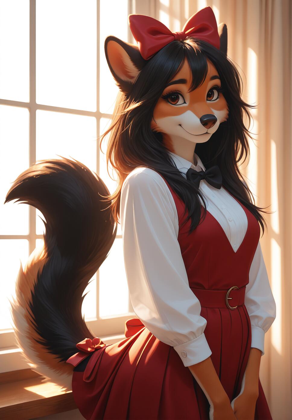 An anthropomorphic female fox with black hair and a red bow on her head, wearing a red pinafore dress over a white blouse, standing by a window.