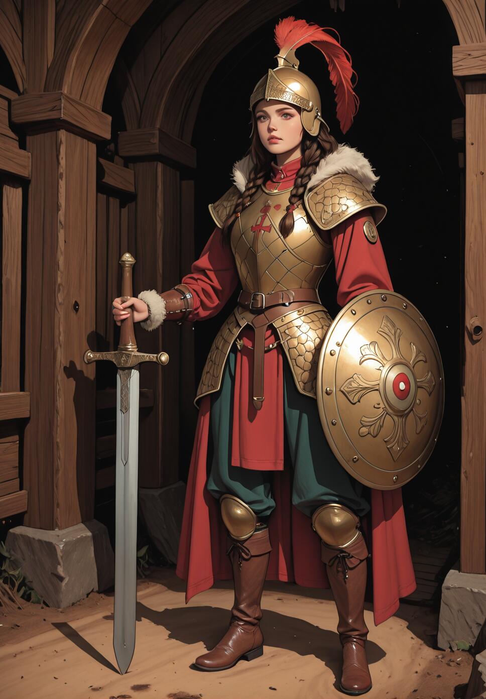 A full-length illustration of a female warrior in golden armor and a red tunic, holding a large sword and a round shield while standing guard inside a wooden fortress gateway.