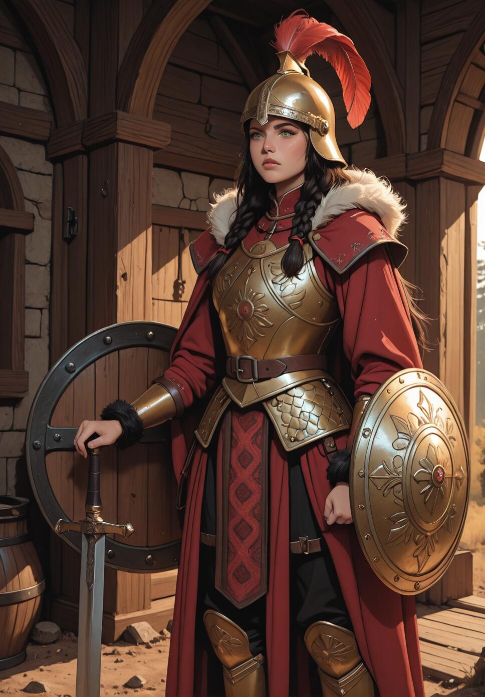 A full-length portrait of a female warrior in ornate golden armor and a red cloak, wearing a plumed helmet. She stands in front of a wooden fortress gate, holding a longsword in one hand and a round golden shield on the other arm.
