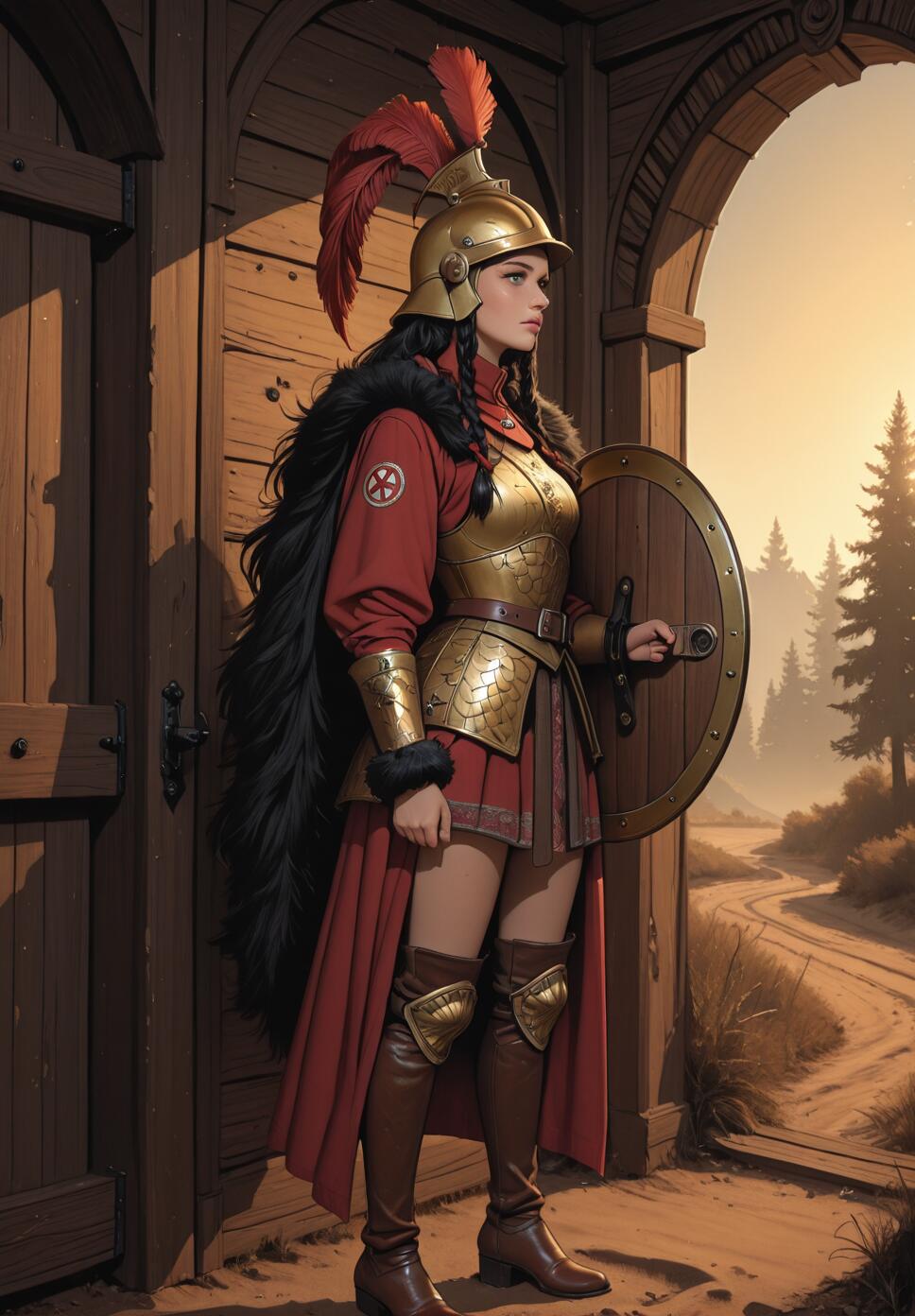 A female warrior in golden armor and a red tunic stands in the arched gateway of a wooden building. She wears a helmet with a red plume, has long dark hair, and holds a round wooden shield, looking out towards a sunlit path and forest.